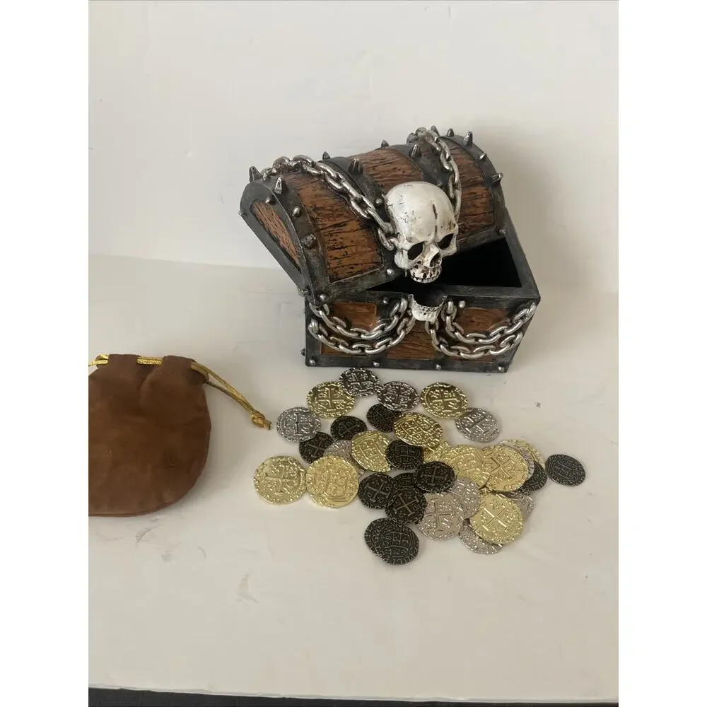 Nautical Pirate Skull Treasure Chest, Unique Trinket Box, 6 Inches. Coins Too!!